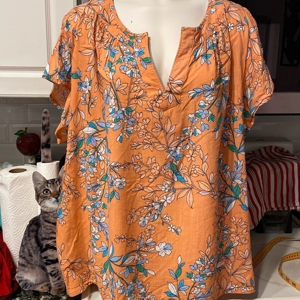 R womens St John’s Bay casual floral stretch cap sleeve plus size top 3X